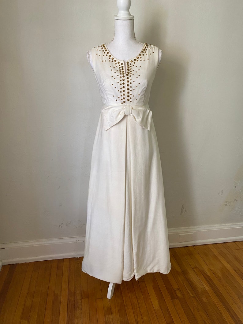 60s Vintage Cream Sleeveless Maxi Gown w/ Bow 1960s Gold Beaded Long Party Wedding Dress image 10