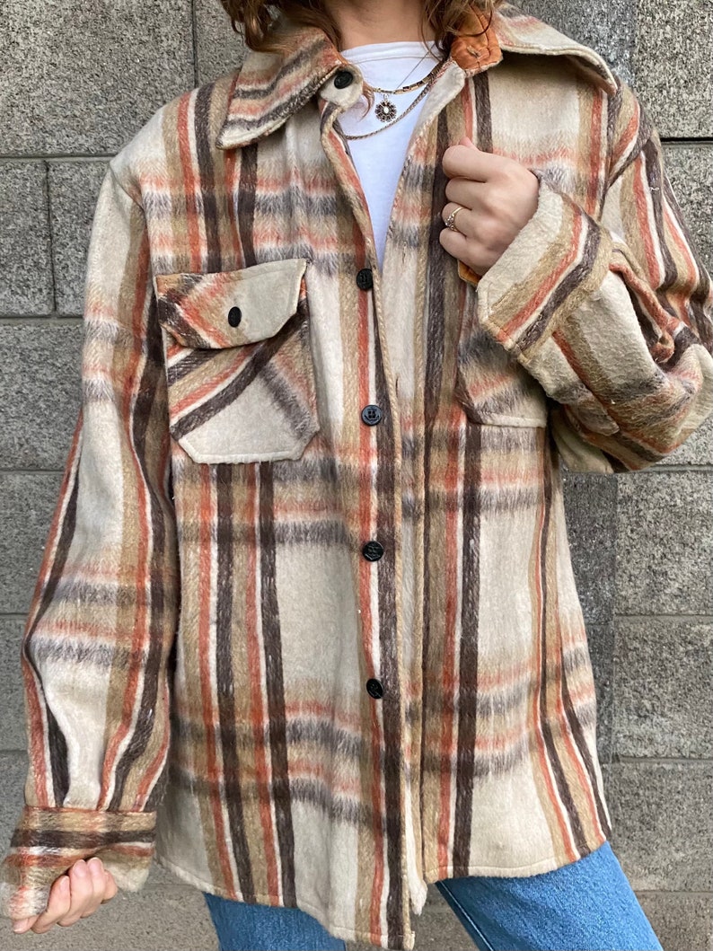 60s Vintage Mohawk Overshirt Button up Plaid Flannel Oversized Wool Linen Shirt image 5