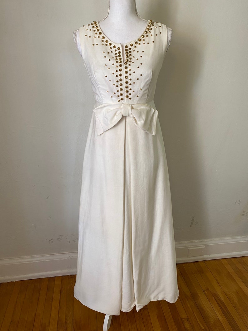 60s Vintage Cream Sleeveless Maxi Gown w/ Bow 1960s Gold Beaded Long Party Wedding Dress image 4