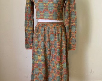 Stunning Vintage MISSONI Knit Cropped Blouse & Skirt Set - Couture Metallic Teal Gold Rust Statement Print