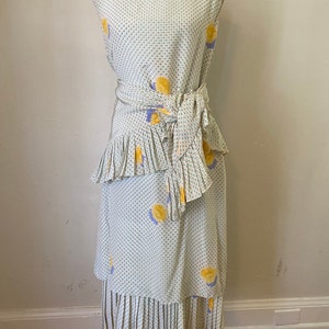 Vintage BILL BLASS 80s Silk Drop Waist Midi Dress & Scarf Cottage Core Floral Polka Dot 2 Piece Set image 1