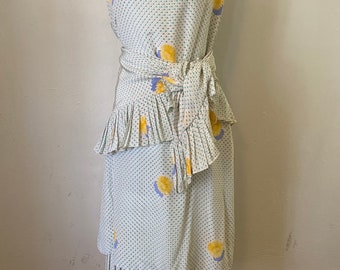 Vintage BILL BLASS 80s Silk Drop Waist Midi Dress & Sciarpa - Cottage Core Floral Polka Dot 2 Piece Set