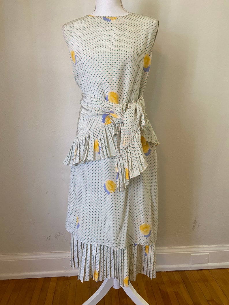 Vintage BILL BLASS 80s Silk Drop Waist Midi Dress & Scarf Cottage Core Floral Polka Dot 2 Piece Set image 1