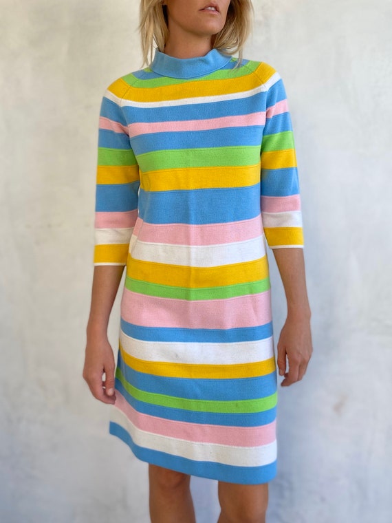 pastel sweater dress Pastel Dream! 60s Vintage Stripe Sweater Dress - Long Sleeve Mod Mini Dress