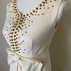 60s Vintage Cream Sleeveless Maxi Gown w/ Bow 1960s Gold Beaded Long Party Wedding Dress image 1