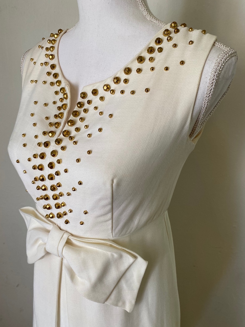60s Vintage Cream Sleeveless Maxi Gown w/ Bow 1960s Gold Beaded Long Party Wedding Dress image 1