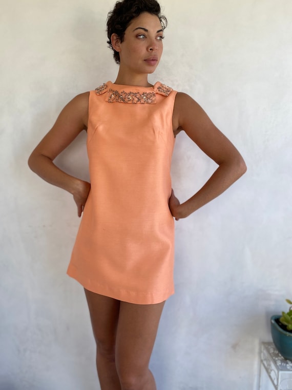 Vintage 60s Peach / Orange Cream Silk Mini - Beade