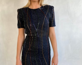80er Vintage Schwarze Perlen Cocktailkleid - Party Mini, Size Small