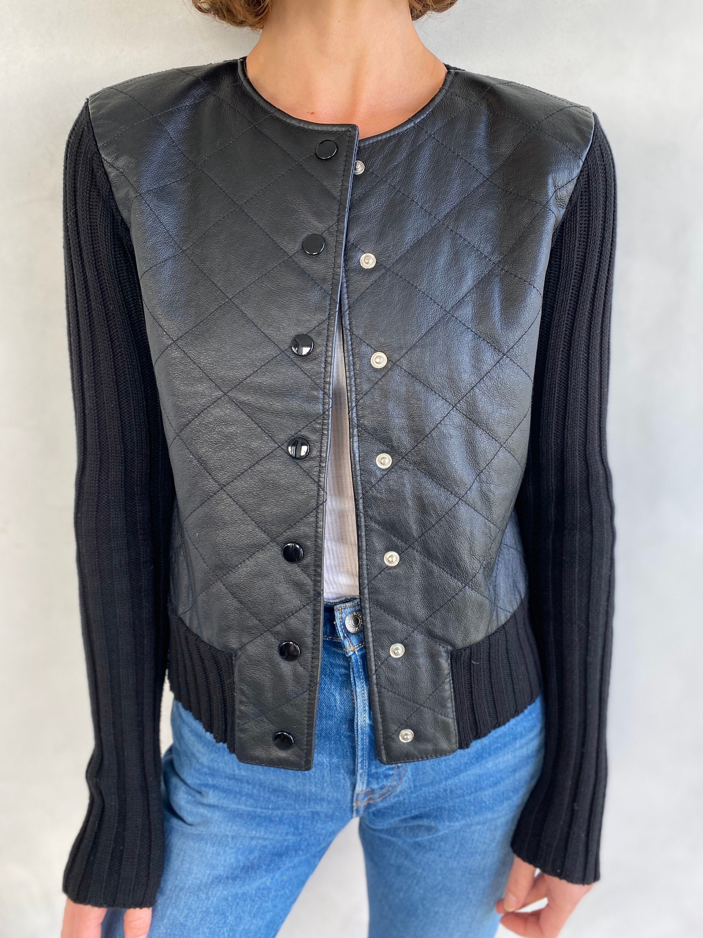 90s Vintage Leather Knit Sweater Jacket - Size Small - Etsy