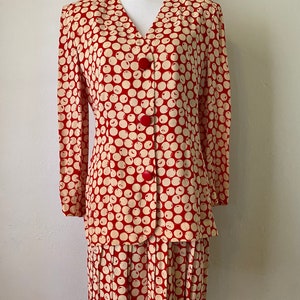 Vintage GIVENCHY 90s Jacket Blazer & Pleated Skirt Set 2 Piece Couture Red Cream Polka Dot Print image 2