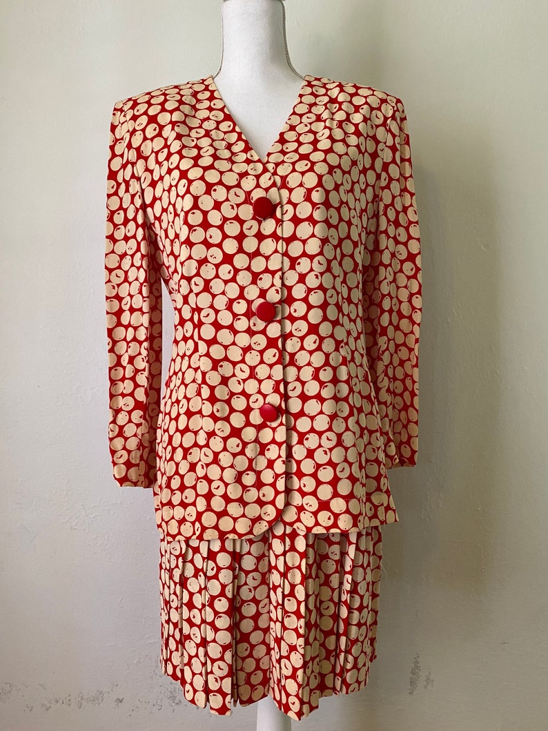 Vintage GIVENCHY 90s Jacket Blazer & Pleated Skirt Set 2 Piece Couture Red Cream Polka Dot Print image 2