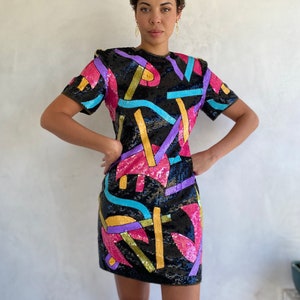 Extraordinary 1980s Vintage Geometric Shapes Sequin Statement Mini Dress Wearable Art Piece image 10