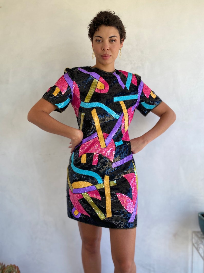 Extraordinary 1980s Vintage Geometric Shapes Sequin Statement Mini Dress Wearable Art Piece image 10