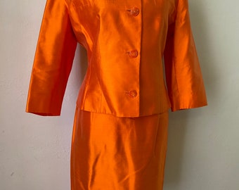 Vintage LANVIN Paris Silk Jacket Skirt Suit - 2 Piece Couture Set Orange Blazer & Skirt