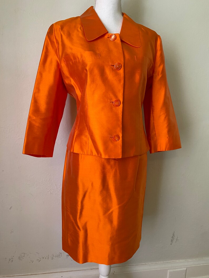 Vintage LANVIN Paris Silk Jacket Skirt Suit 2 Piece Couture Set Orange Blazer & Skirt image 1