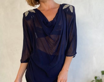 Gorgeous 1950s Vintage Navy Sheer Sequin Blouse - Small - Medium