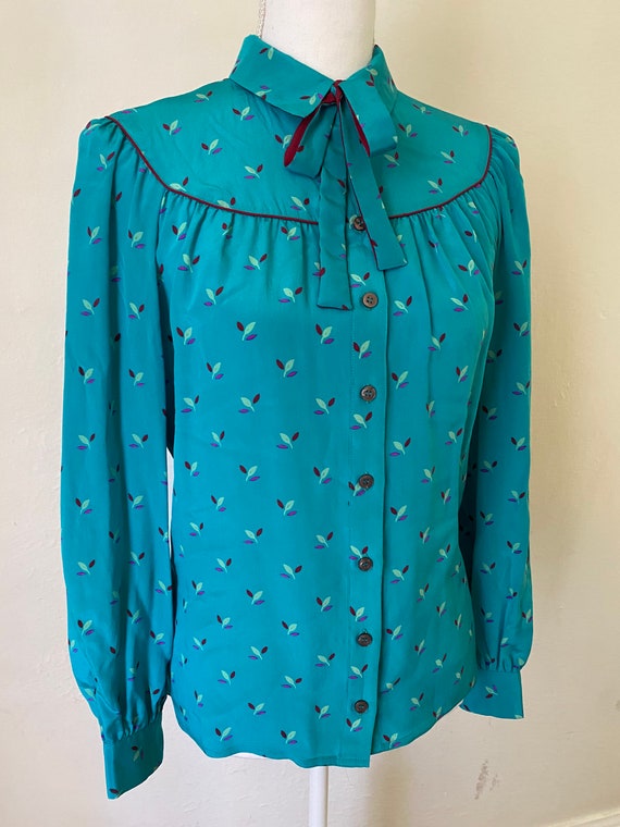 70s Vintage DVF Diane Von Furstenberg Silk Turquoise Pussy Bow Tie 