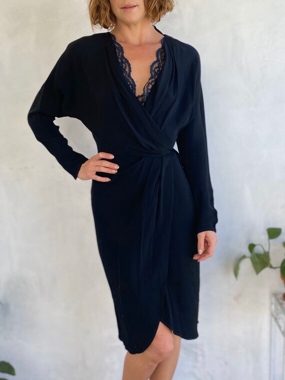 Beautiful Vintage 50s Black Lace Tulip Wrap Dress… - image 5