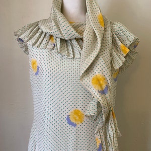 Vintage BILL BLASS 80s Silk Drop Waist Midi Dress & Scarf Cottage Core Floral Polka Dot 2 Piece Set image 4