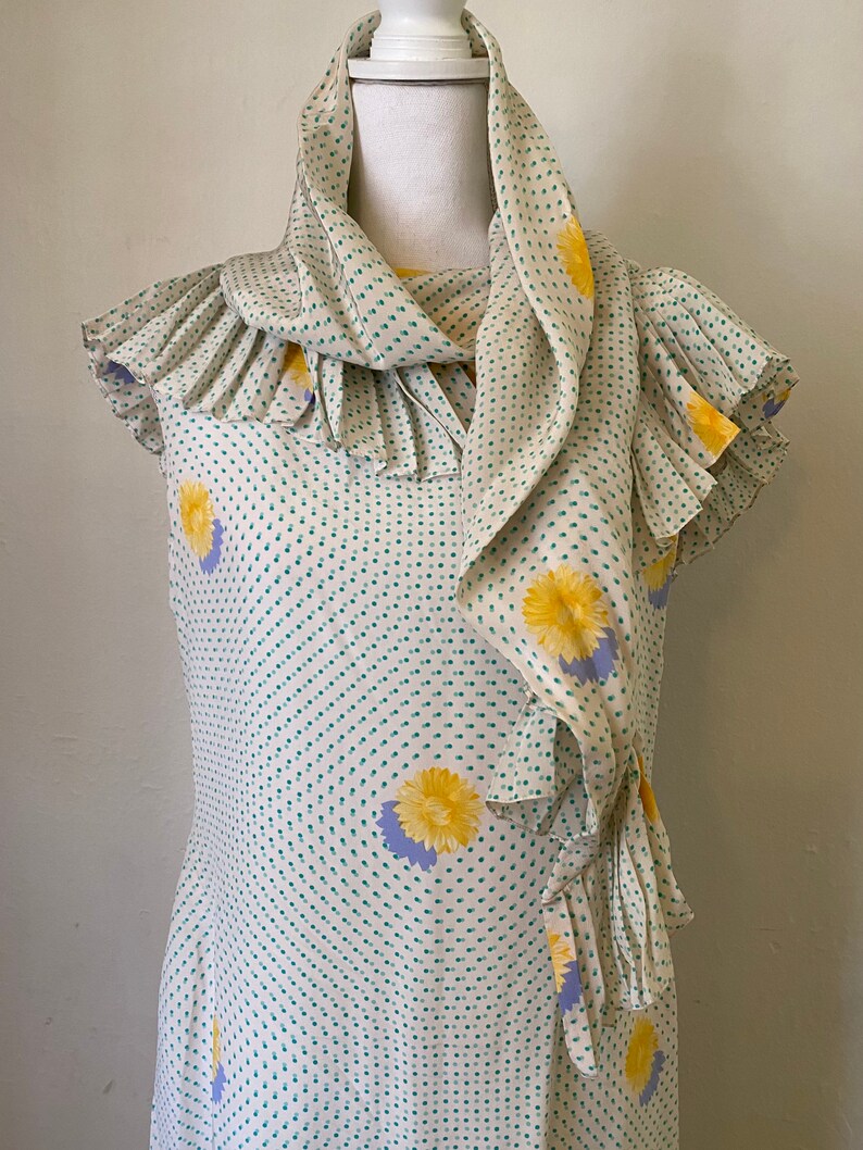 Vintage BILL BLASS 80s Silk Drop Waist Midi Dress & Scarf Cottage Core Floral Polka Dot 2 Piece Set image 4