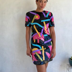 Extraordinary 1980s Vintage Geometric Shapes Sequin Statement Mini Dress Wearable Art Piece image 9