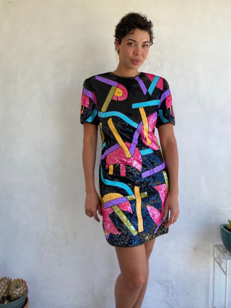 Extraordinary 1980s Vintage Geometric Shapes Sequin Statement Mini Dress Wearable Art Piece image 9