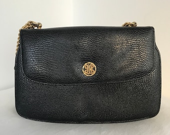 Bolso vintage BIENEN-DAVIS de piel de serpiente negra de los años 50 con correa de cadena dorada