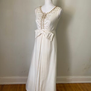 60s Vintage Cream Sleeveless Maxi Gown w/ Bow 1960s Gold Beaded Long Party Wedding Dress image 5