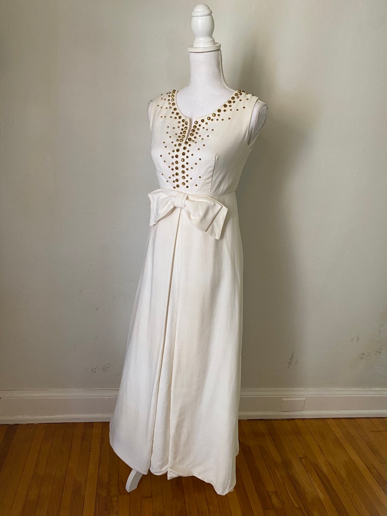 60s Vintage Cream Sleeveless Maxi Gown w/ Bow 1960s Gold Beaded Long Party Wedding Dress image 5