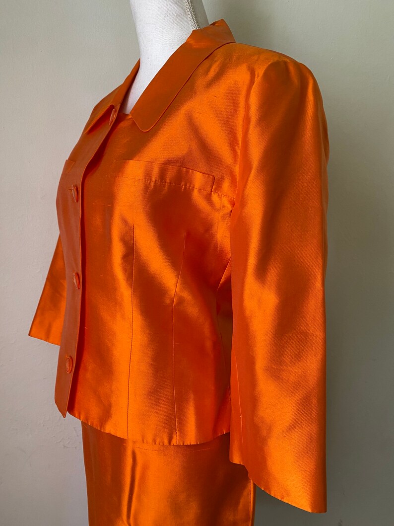 Vintage LANVIN Paris Silk Jacket Skirt Suit 2 Piece Couture Set Orange Blazer & Skirt image 9