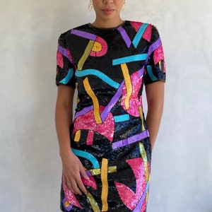 Extraordinary 1980s Vintage Geometric Shapes Sequin Statement Mini Dress Wearable Art Piece image 4