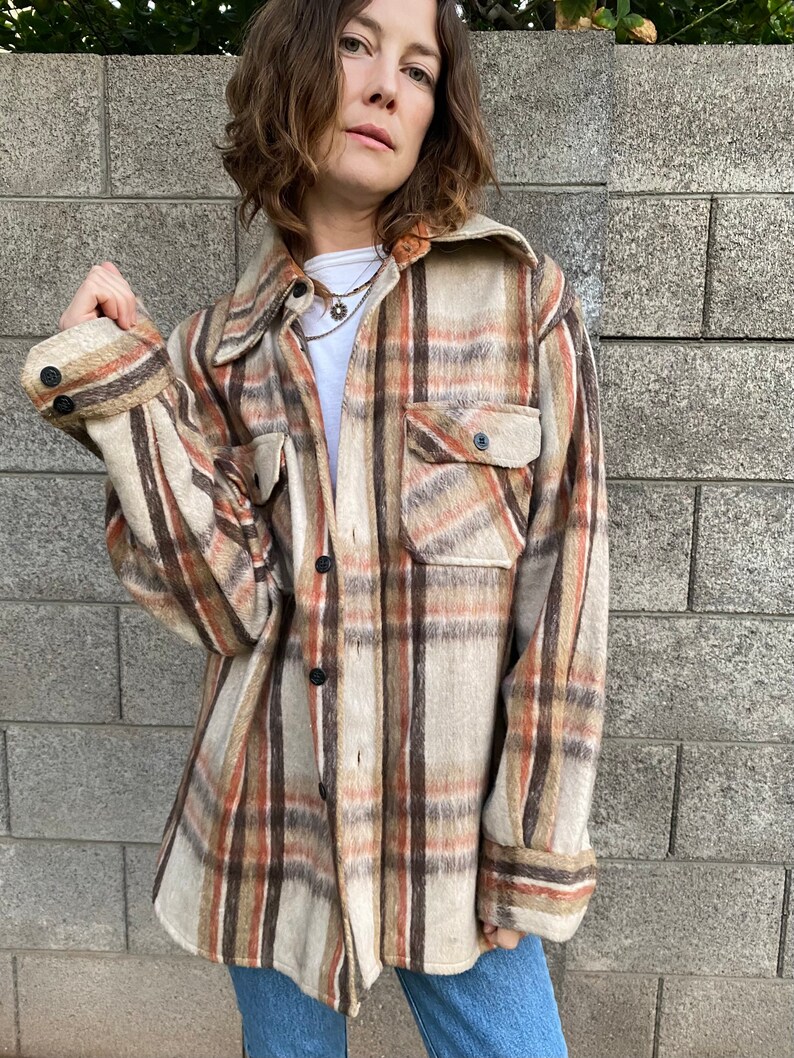 60s Vintage Mohawk Overshirt Button up Plaid Flannel Oversized Wool Linen Shirt imagem 2