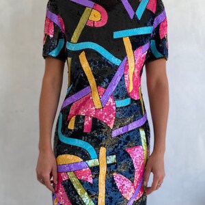 Extraordinary 1980s Vintage Geometric Shapes Sequin Statement Mini Dress Wearable Art Piece image 2