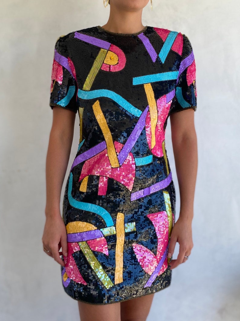 Extraordinary 1980s Vintage Geometric Shapes Sequin Statement Mini Dress Wearable Art Piece image 2