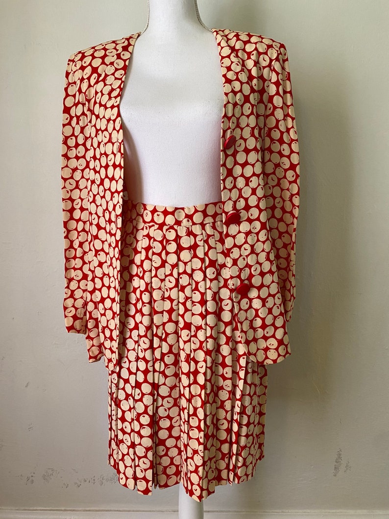 Vintage GIVENCHY 90s Jacket Blazer & Pleated Skirt Set 2 Piece Couture Red Cream Polka Dot Print image 1