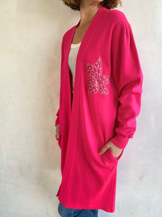 80s Vintage Fuchsia Pink Sequin Flower Cardigan -… - image 7