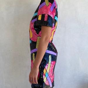 Extraordinary 1980s Vintage Geometric Shapes Sequin Statement Mini Dress Wearable Art Piece image 5