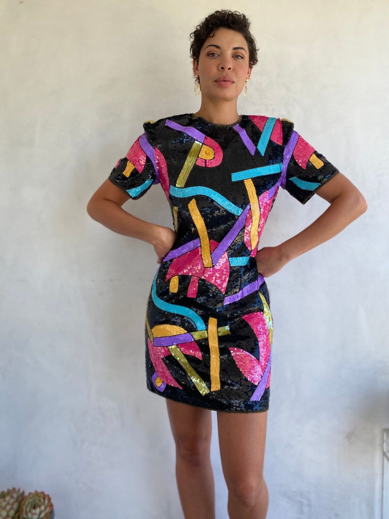 Extraordinary 1980s Vintage Geometric Shapes Sequin Statement Mini Dress Wearable Art Piece image 1