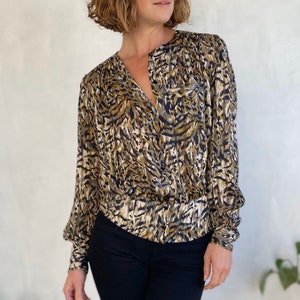 80s Vintage Silky Sheer Animal Print Button Up Blouse - Small - Medium