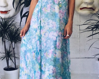 Stunning 1960s Vintage Dreamy Floral Pastel Halter Maxi Dress - 60s Flowy Boho Gown