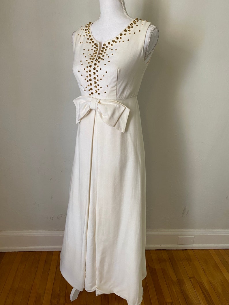 60s Vintage Cream Sleeveless Maxi Gown w/ Bow 1960s Gold Beaded Long Party Wedding Dress image 3