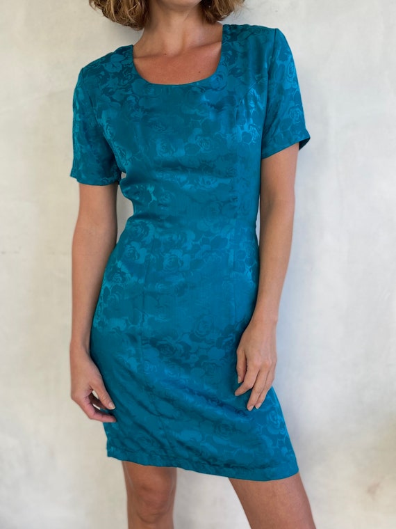 Stunning 80s Silk Turquoise Mini Dress - Teal Sho… - image 2