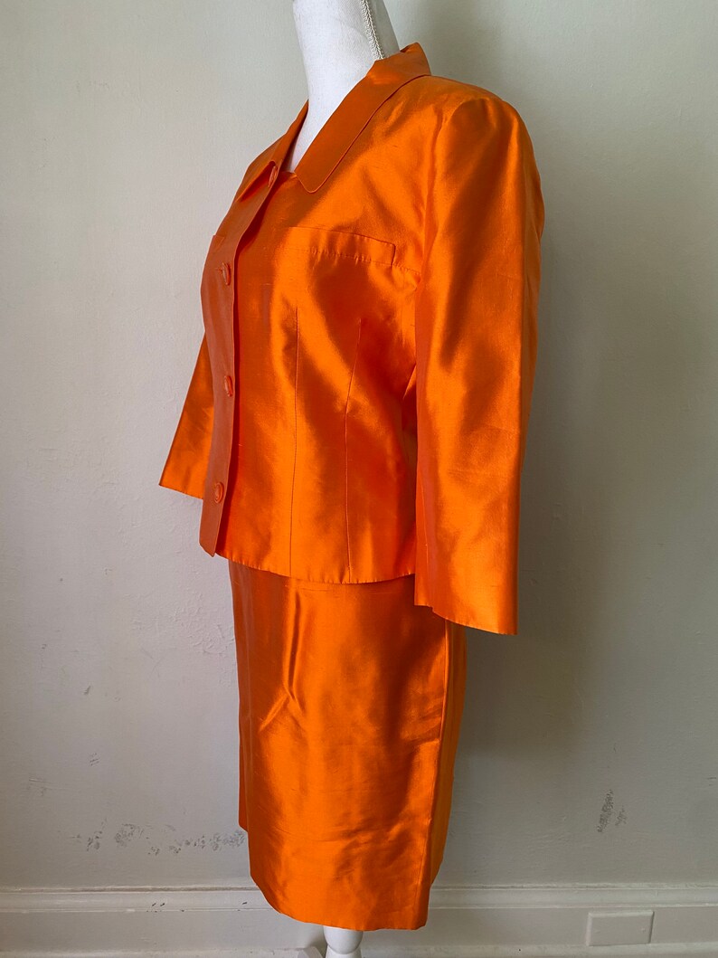 Vintage LANVIN Paris Silk Jacket Skirt Suit 2 Piece Couture Set Orange Blazer & Skirt image 8