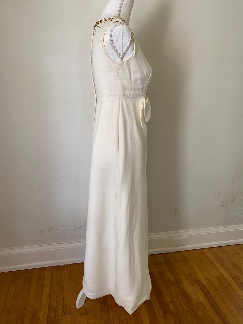 60s Vintage Cream Sleeveless Maxi Gown w/ Bow 1960s Gold Beaded Long Party Wedding Dress image 9