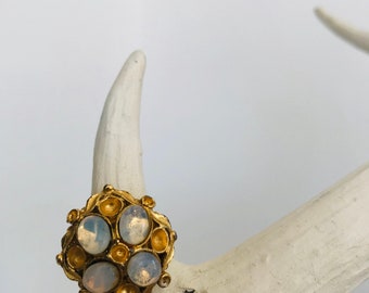 Vintage Gold Tone Opal Moonstone Statement Ring - Adjustable