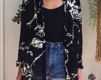 Vintage 90s Minimalist Black / White Graphic Print Blouse - Sheer Button Down