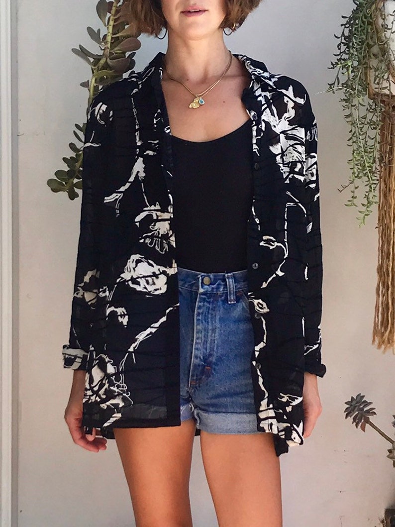 Vintage 90s Black White Graphic Blouse Layer S M