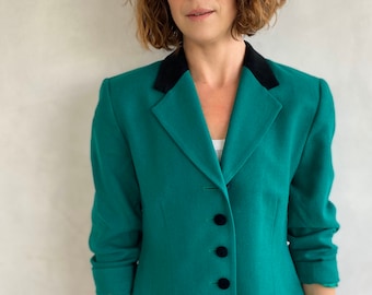 Blazer vintage de lana Pendleton de los años 70: terciopelo ecuestre verde esmeralda, talla pequeña
