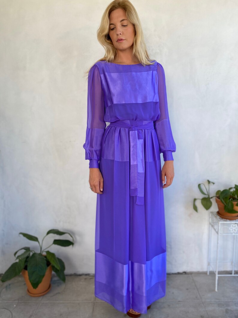 1970s Vintage Miss Elliette Silky Violet Gown Small Medium image 1