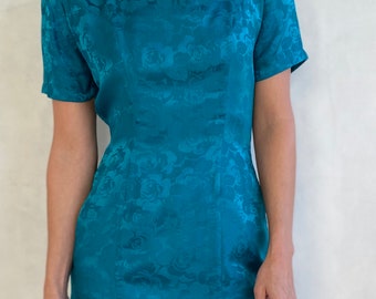 80er Jahre Vintage Seidenminikleid: Türkises Festkleid mit Blumenmuster